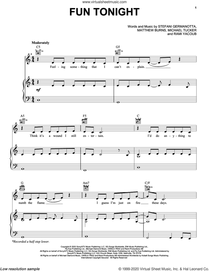 Fun Tonight sheet music for voice, piano or guitar by Lady Gaga, Matthew Burns, Michael Tucker and Rami, intermediate skill level