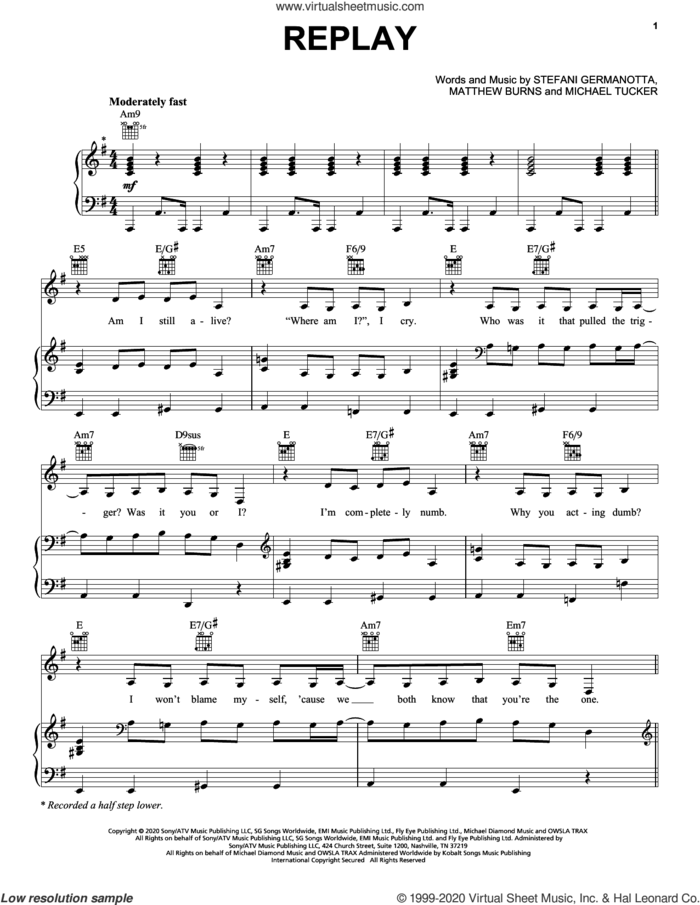 Replay sheet music for voice, piano or guitar by Lady Gaga, Matthew Burns and Michael Tucker, intermediate skill level
