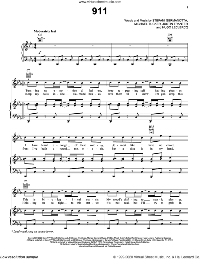 911 sheet music for voice, piano or guitar by Lady Gaga, Hugo Leclercqr, Justin Tranter and Michael Tucker, intermediate skill level