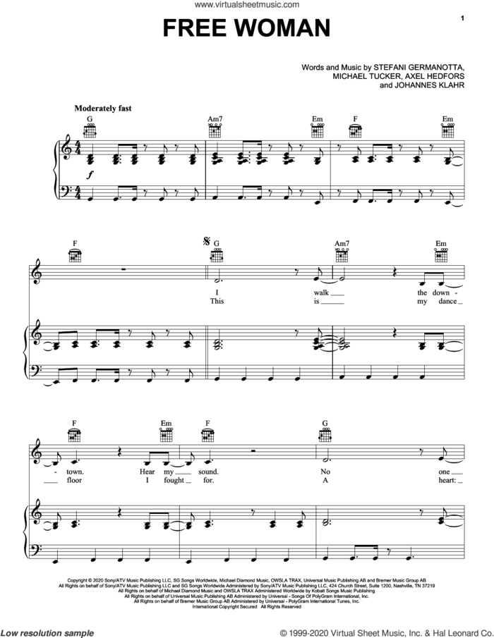 Free Woman sheet music for voice, piano or guitar by Lady Gaga, Axel Hedfors, Johannes Klahr and Michael Tucker, intermediate skill level