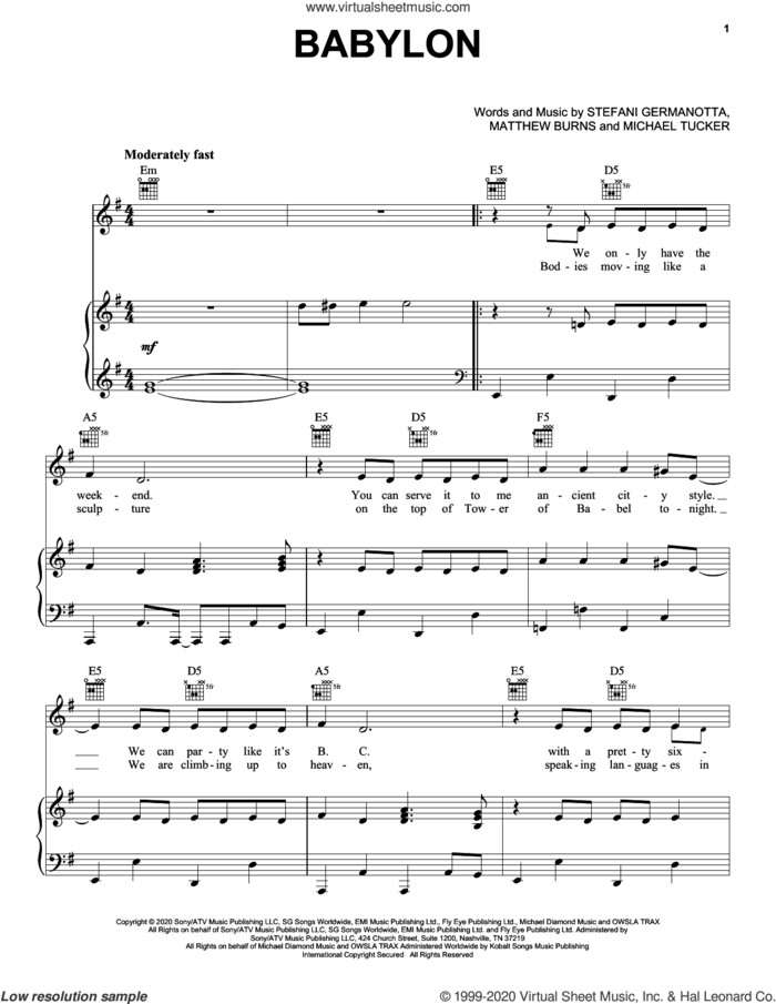Babylon sheet music for voice, piano or guitar by Lady Gaga, Matthew Burns and Michael Tucker, intermediate skill level