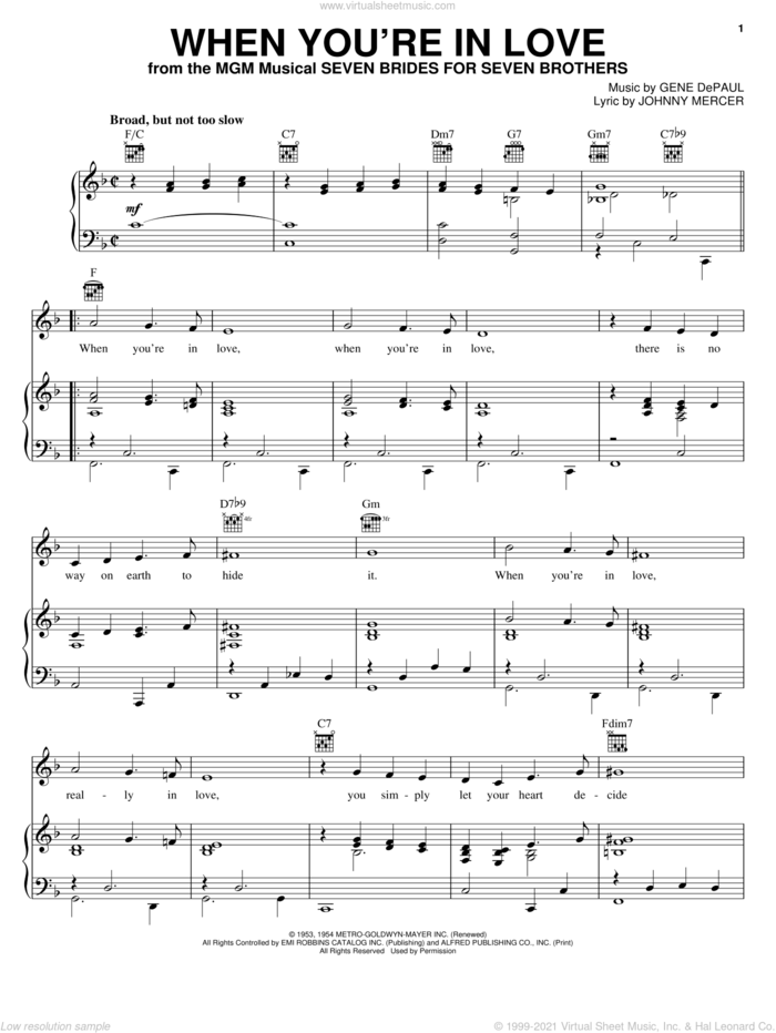 When You're In Love sheet music for voice, piano or guitar by Johnny Mercer and Gene DePaul, intermediate skill level