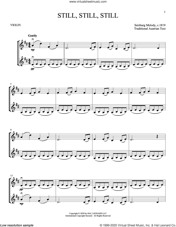 Still, Still, Still sheet music for two violins (duets, violin duets) by Salzburg Melody c.1819 and Miscellaneous, intermediate skill level