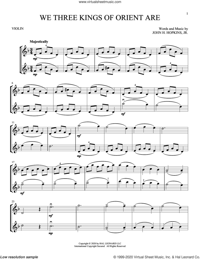 We Three Kings Of Orient Are sheet music for two violins (duets, violin duets) by John H. Hopkins, Jr., intermediate skill level