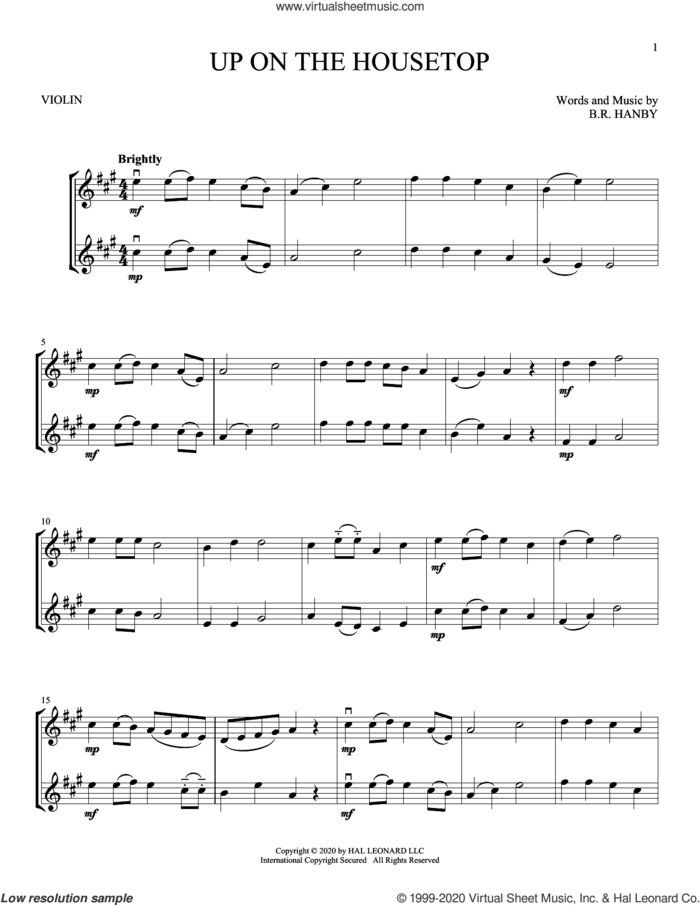 Up On The Housetop sheet music for two violins (duets, violin duets) by Benjamin Hanby, intermediate skill level