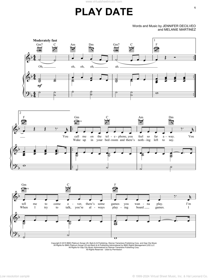 Play Date sheet music for voice, piano or guitar by Melanie Martinez and Jennifer Decilveo, intermediate skill level