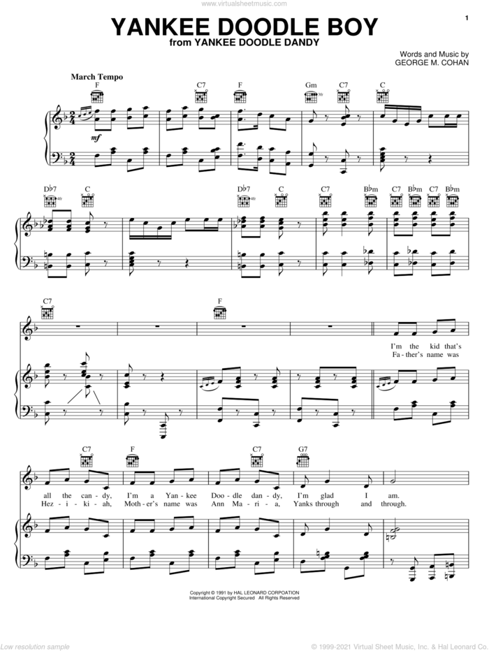 Yankee Doodle Boy sheet music for voice, piano or guitar by George M. Cohan, intermediate skill level