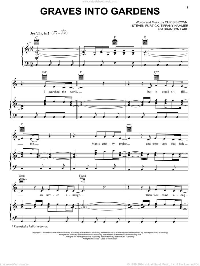 Graves Into Gardens sheet music for voice, piano or guitar by Elevation Worship, Brandon Lake, Chris Brown, Steven Furtick and Tiffany Hammer, intermediate skill level