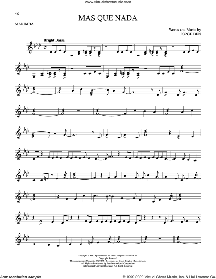 Mas Que Nada sheet music for Marimba Solo by Sergio Mendes and Jorge Ben, intermediate skill level