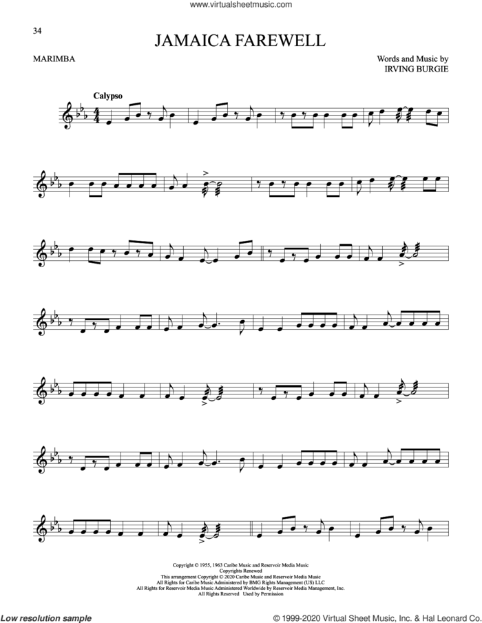 Jamaica Farewell sheet music for Marimba Solo by Harry Belafonte and Irving Burgie, intermediate skill level