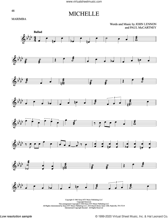 Michelle sheet music for Marimba Solo by The Beatles, John Lennon and Paul McCartney, intermediate skill level