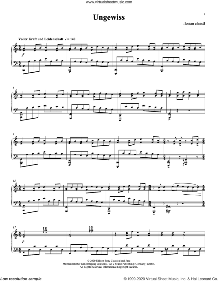 Ungewiss sheet music for piano solo by Florian Christl, classical score, intermediate skill level