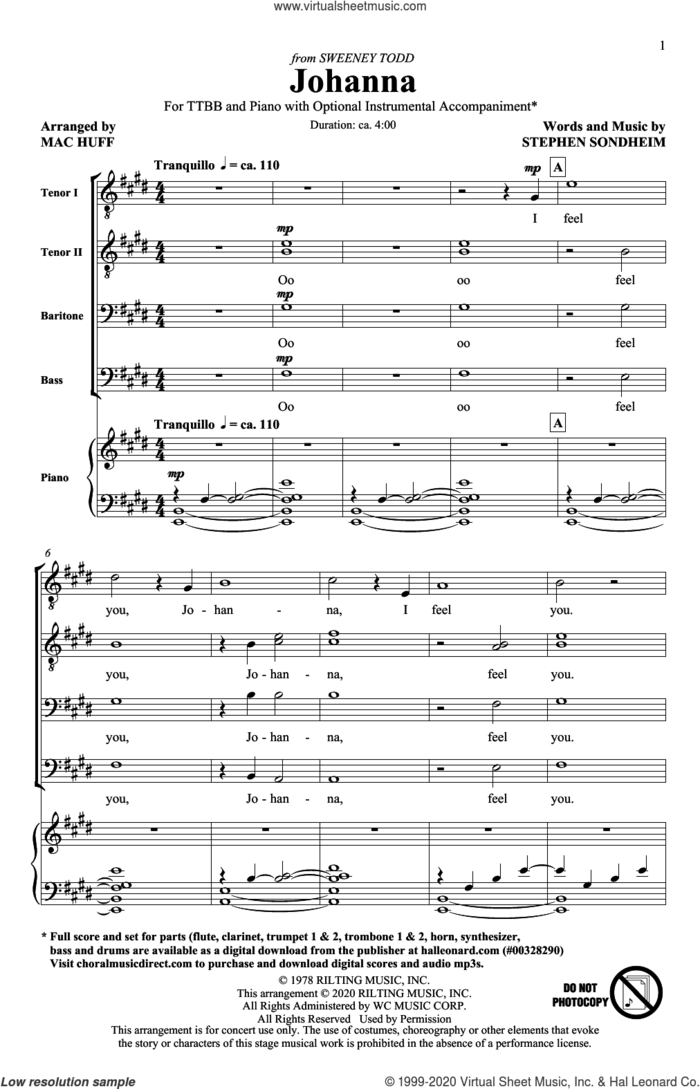 Johanna (from Sweeney Todd) (arr. Mac Huff) sheet music for choir (TTBB: tenor, bass) by Stephen Sondheim and Mac Huff, intermediate skill level