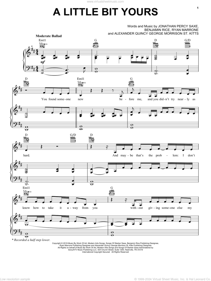 A Little Bit Yours sheet music for voice, piano or guitar by JP Saxe, Benjamin Rice, Jonathan Percy Saxe and Ryan Marrone, intermediate skill level
