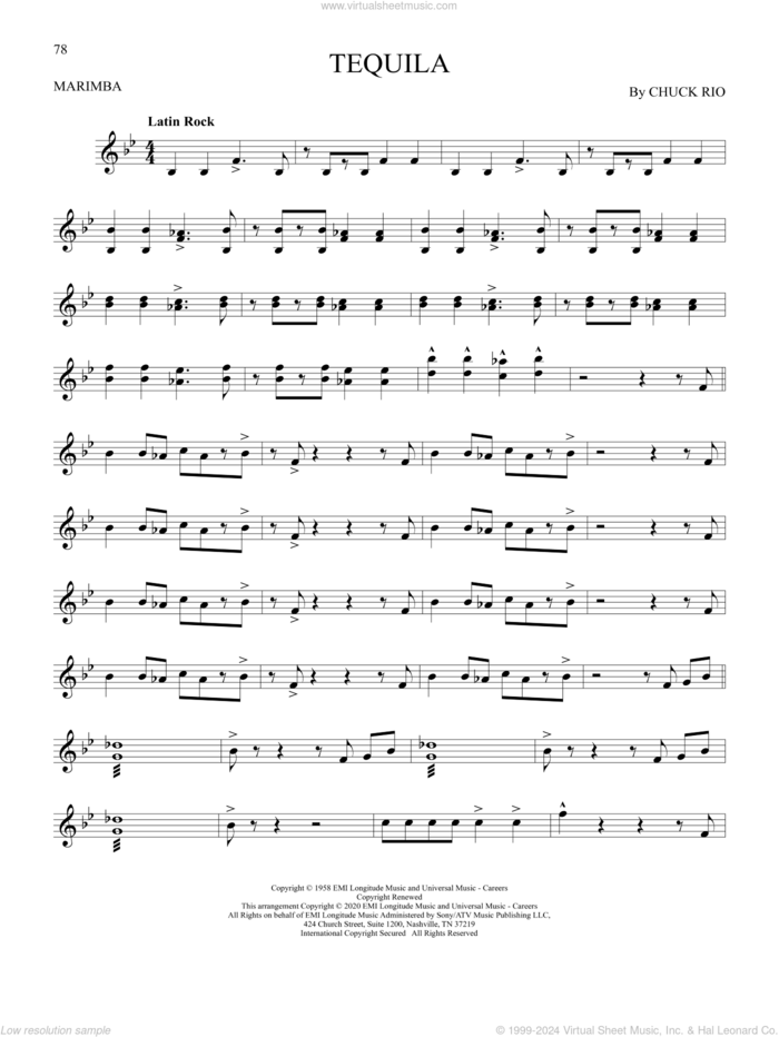 Tequila sheet music for Marimba Solo by The Champs, The Changes and Chuck Rio, intermediate skill level