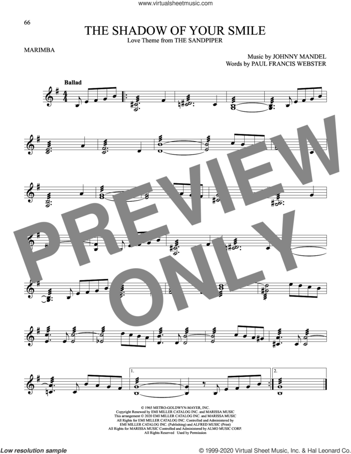 The Shadow Of Your Smile sheet music for Marimba Solo by Paul Francis Webster, Johnny Mandel and Johnny Mandel and Paul Francis Webster, intermediate skill level