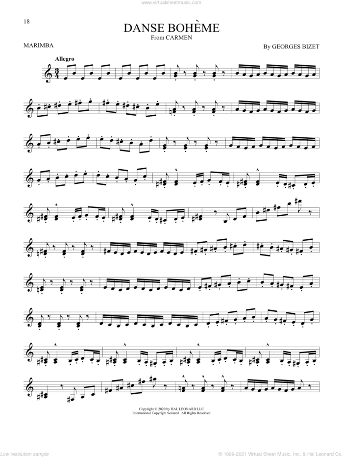 Danse Boheme sheet music for Marimba Solo by Georges Bizet, classical score, intermediate skill level