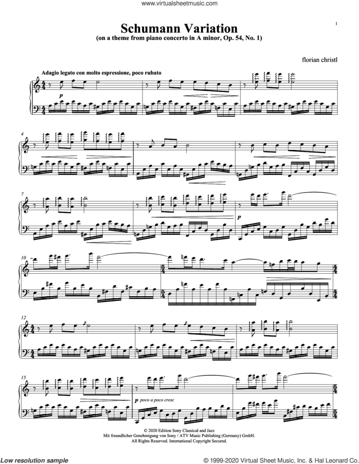 Schumann Variation (on a Theme from Piano Concerto in A Minor, Op. 54: I) sheet music for piano solo by Florian Christl, classical score, intermediate skill level