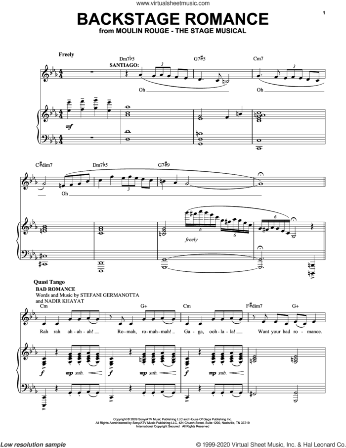 Backstage Romance (from Moulin Rouge! The Musical) sheet music for voice and piano by Moulin Rouge! The Musical Cast, Lady Gaga and Nadir Khayat, intermediate skill level