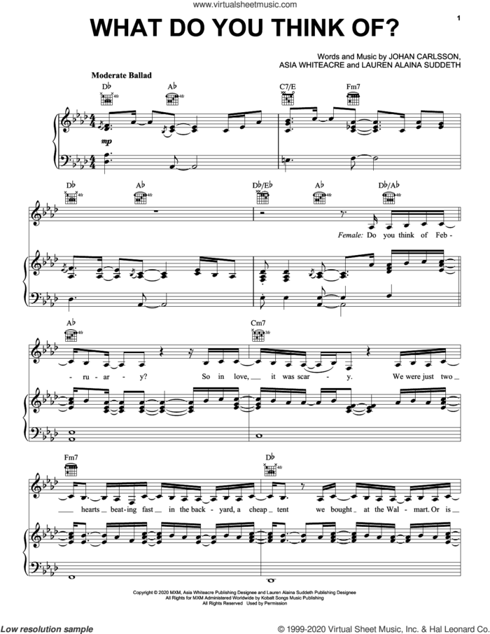 What Do You Think Of? sheet music for voice, piano or guitar by Lauren Alaina & Lukas Graham, Asia Whiteacre, Johan Carlsson and Lauren Alaina Suddeth, intermediate skill level