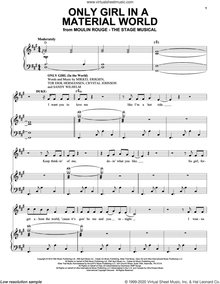 Only Girl In A Material World (from Moulin Rouge! The Musical) sheet music for voice and piano by Moulin Rouge! The Musical Cast, intermediate skill level