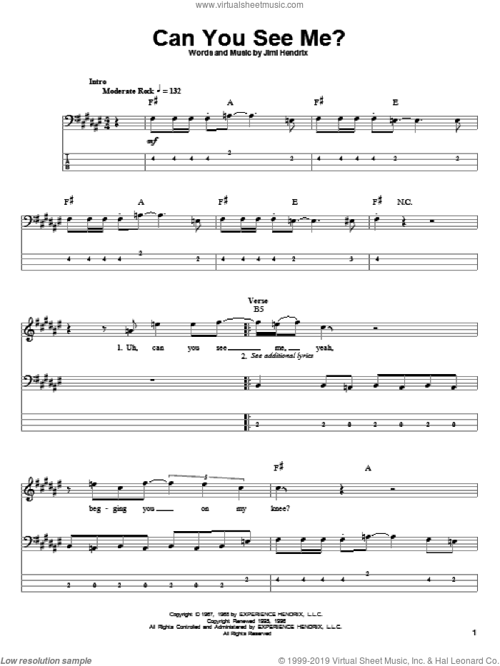 Can You See Me sheet music for bass (tablature) (bass guitar) by Jimi Hendrix, intermediate skill level