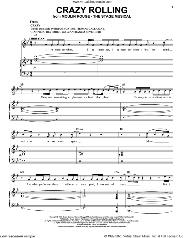 Crazy Rolling (from Moulin Rouge! The Musical) sheet music for voice and piano by Moulin Rouge! The Musical Cast, intermediate skill level