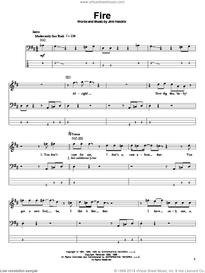 Fire sheet music for bass (tablature) (bass guitar) by Jimi Hendrix and Red Hot Chili Peppers, intermediate skill level