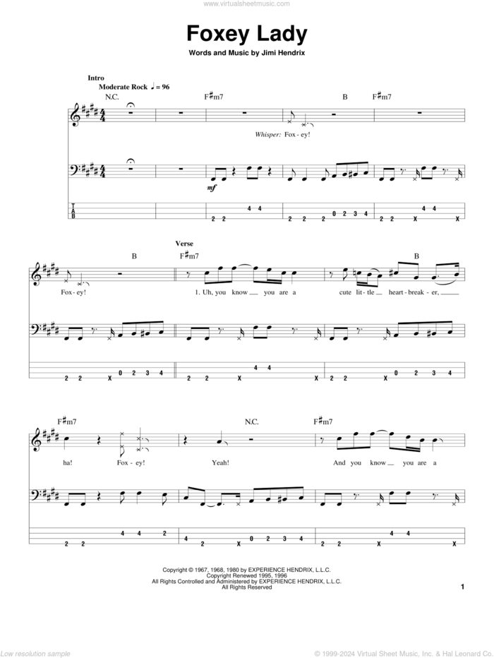 Foxey Lady sheet music for bass (tablature) (bass guitar) by Jimi Hendrix, intermediate skill level