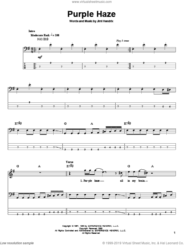 Purple Haze sheet music for bass (tablature) (bass guitar) by Jimi Hendrix, intermediate skill level