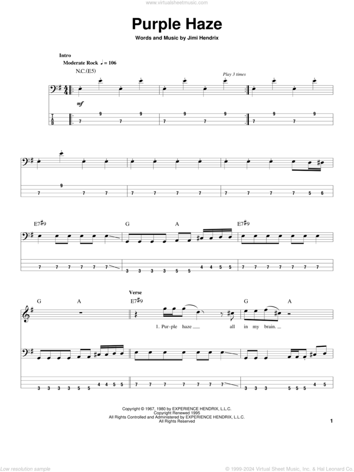 Purple Haze sheet music for bass (tablature) (bass guitar) by Jimi Hendrix, intermediate skill level