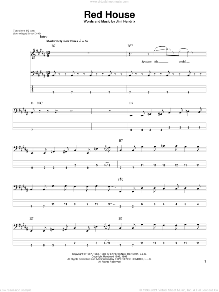 Red House sheet music for bass (tablature) (bass guitar) by Jimi Hendrix, intermediate skill level