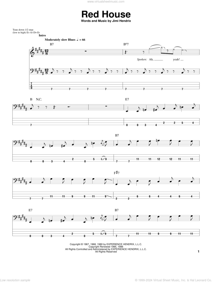 Red House sheet music for bass (tablature) (bass guitar) by Jimi Hendrix, intermediate skill level