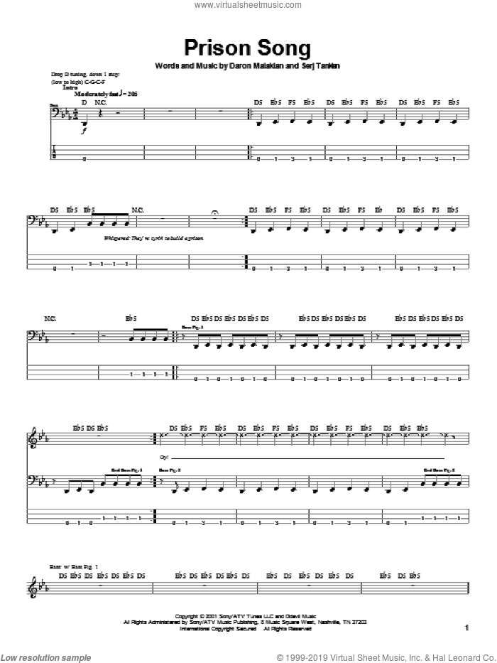 Prison Song sheet music for bass (tablature) (bass guitar) by System Of A Down, Daron Malakian and Serj Tankian, intermediate skill level
