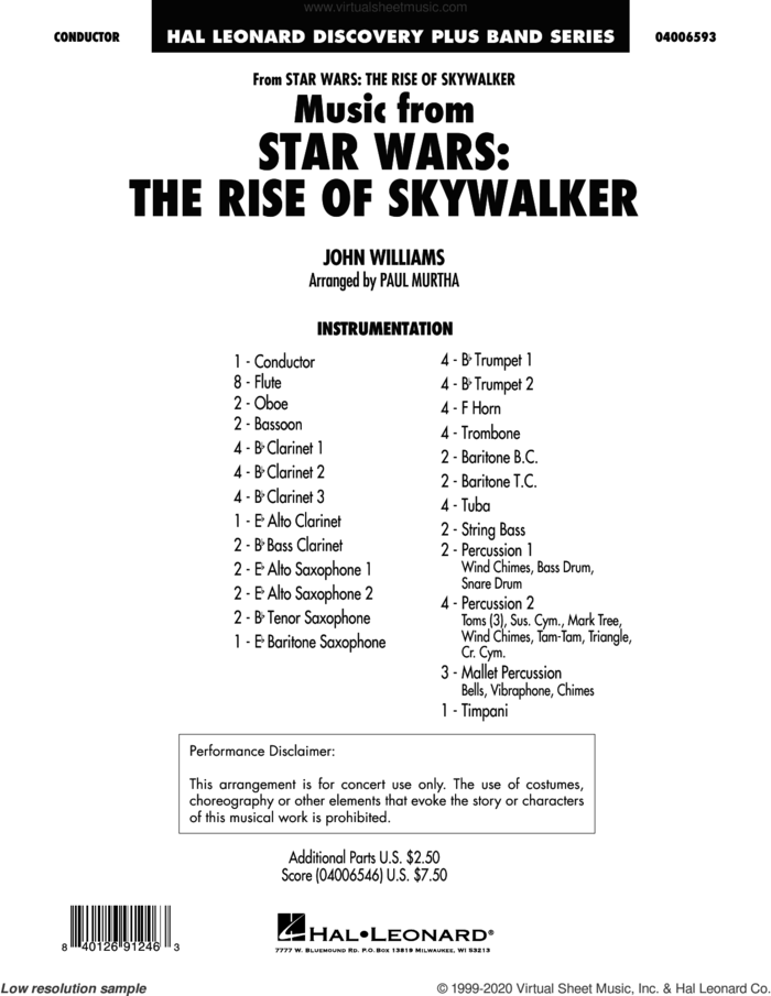 Music from Star Wars: The Rise of Skywalker (arr. Paul Murtha) (COMPLETE) sheet music for concert band by John Williams and Paul Murtha, intermediate skill level