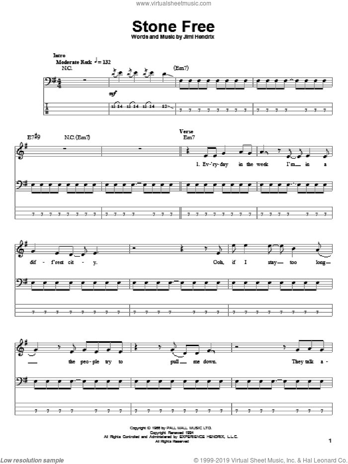 Stone Free sheet music for bass (tablature) (bass guitar) by Jimi Hendrix, intermediate skill level