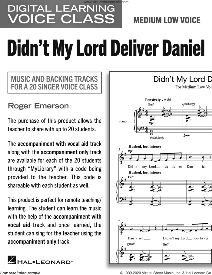 Didn't My Lord Deliver Daniel (Medium Low Voice) (includes Audio) sheet music for voice and piano (Medium Low Voice) by Roger Emerson and Miscellaneous, intermediate skill level