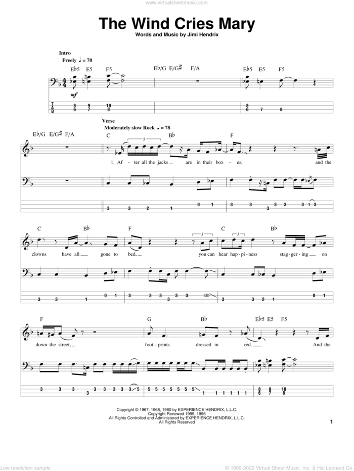The Wind Cries Mary sheet music for bass (tablature) (bass guitar) by Jimi Hendrix, intermediate skill level