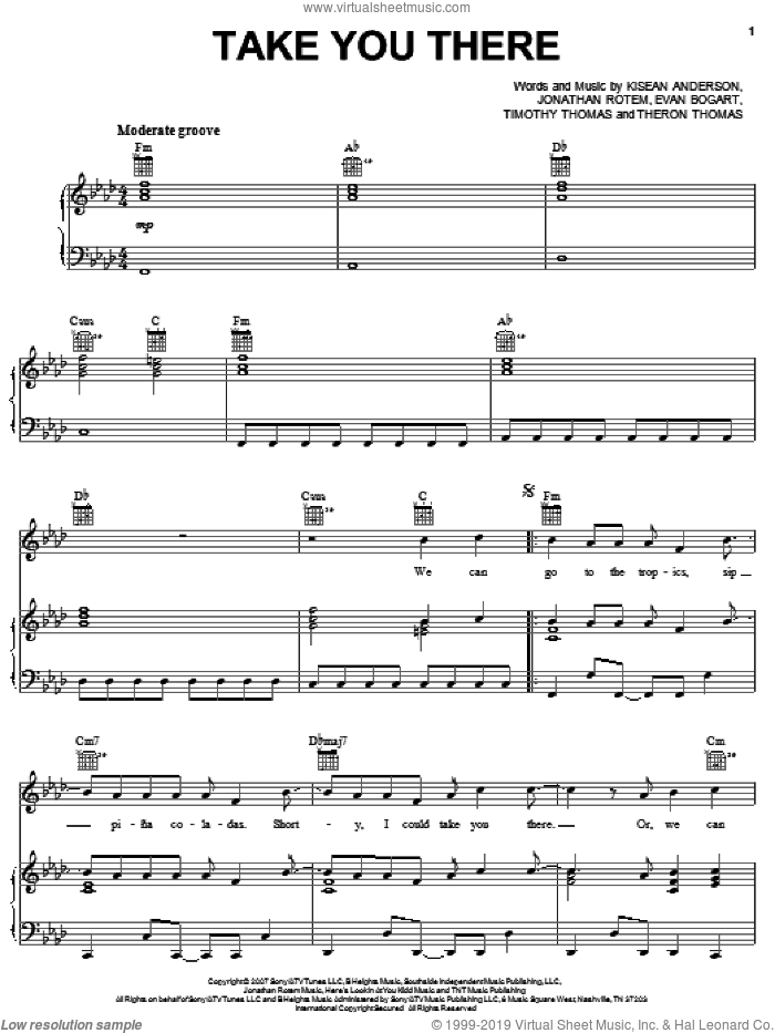 Take You There sheet music for voice, piano or guitar by Sean Kingston, Evan Bogart, Jonathan Rotem, Kisean Anderson, Theron Thomas and Timmy Thomas, intermediate skill level