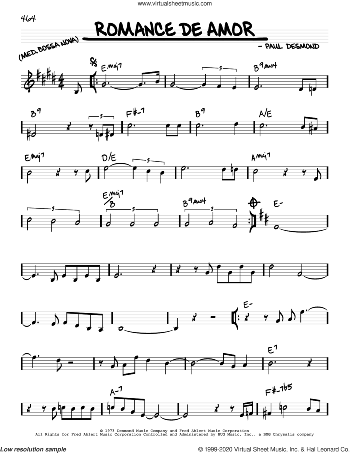 Romance de Amor sheet music for voice and other instruments (real book) by Paul Desmond, intermediate skill level