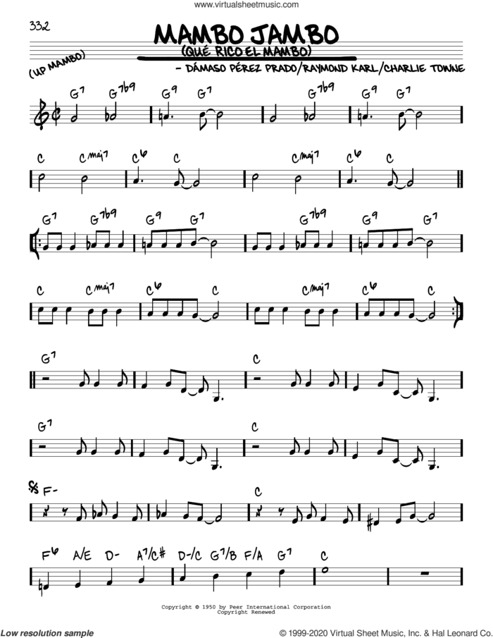 Mambo Jambo (Que Rico El Mambo) sheet music for voice and other instruments (real book) by Dave Barbour, Charlie Towne, Damaso Perez Prado and Raymond Karl, intermediate skill level