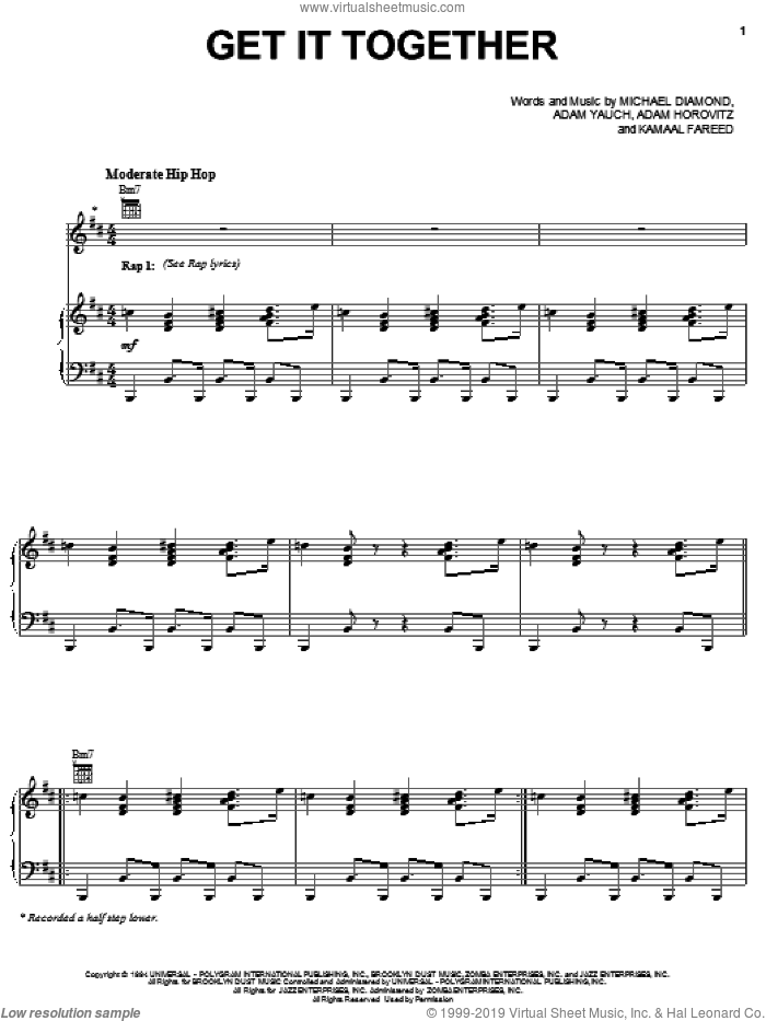 Get It Together sheet music for voice, piano or guitar by Beastie Boys, Adam Horovitz, Adam Yauch, Kamaal Fareed and Michael Diamond, intermediate skill level