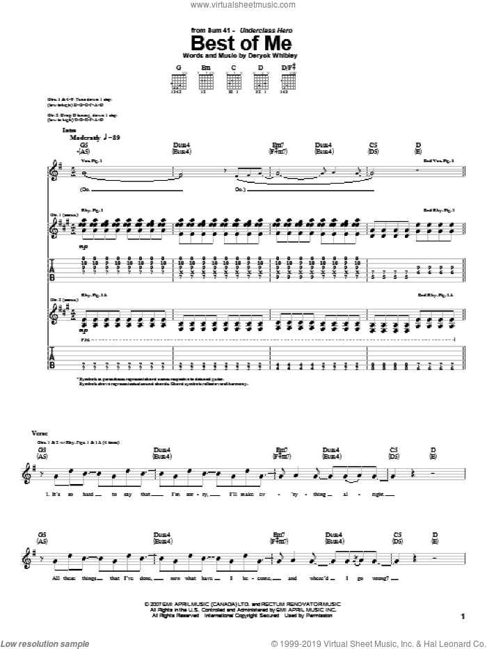 Best Of Me sheet music for guitar (tablature) by Sum 41 and Deryck Whibley, intermediate skill level