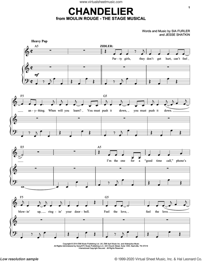Chandelier (from Moulin Rouge! The Musical) sheet music for voice and piano by Moulin Rouge! The Musical Cast, Jesse Shatkin and Sia Furler, intermediate skill level