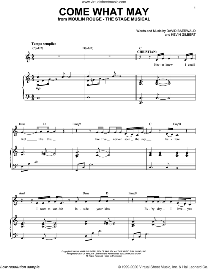 Come What May (from Moulin Rouge! The Musical) sheet music for voice and piano by Moulin Rouge! The Musical Cast, David Baerwald and Kevin Gilbert, intermediate skill level