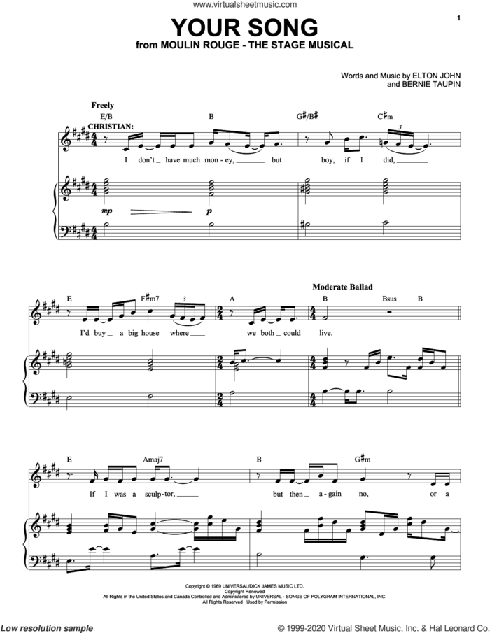 Your Song (from Moulin Rouge! The Musical) sheet music for voice and piano by Moulin Rouge! The Musical Cast, Bernie Taupin and Elton John, intermediate skill level