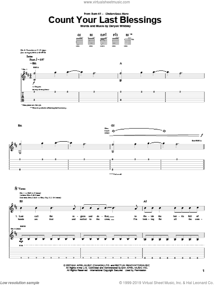 Count Your Last Blessings sheet music for guitar (tablature) by Sum 41 and Deryck Whibley, intermediate skill level