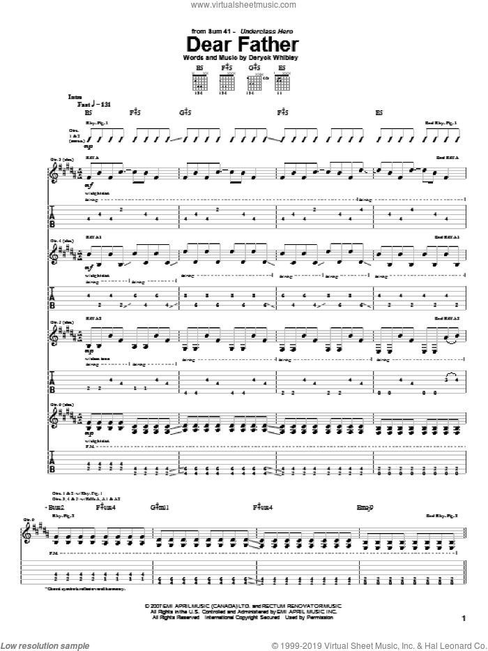 Dear Father sheet music for guitar (tablature) by Sum 41 and Deryck Whibley, intermediate skill level