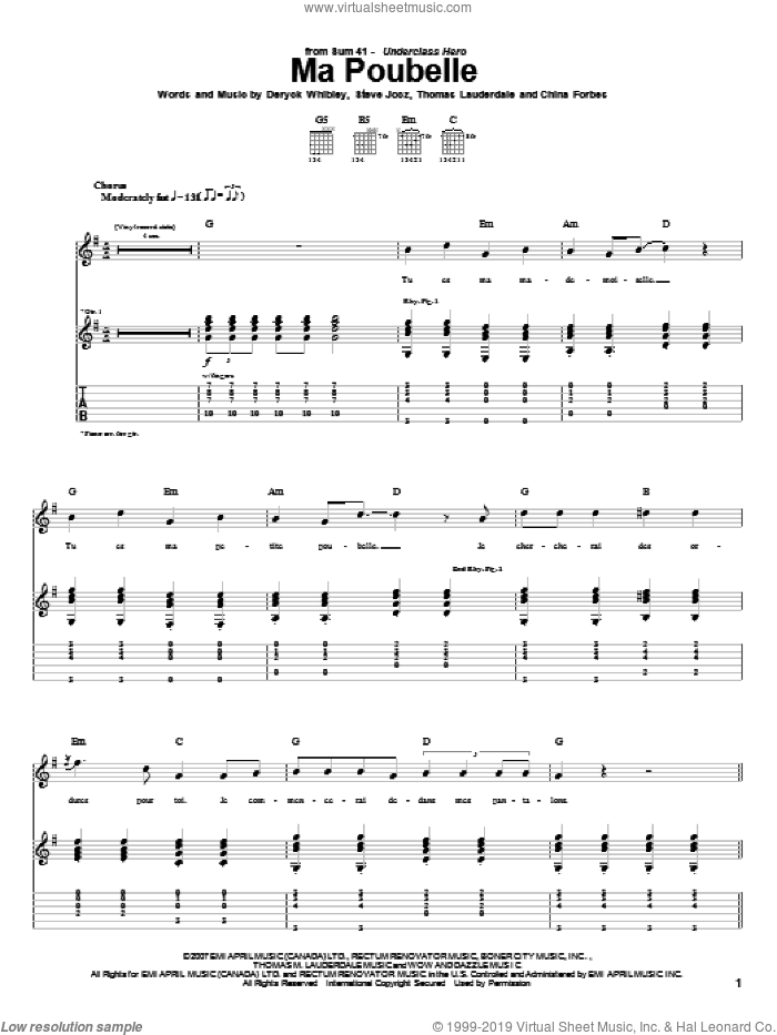 Ma Poubelle sheet music for guitar (tablature) by Sum 41, China Forbes, Deryck Whibley, Steve Jocz and Thomas Lauderdale, intermediate skill level