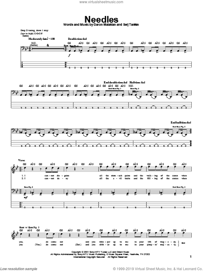 Needles sheet music for bass (tablature) (bass guitar) by System Of A Down, Daron Malakian and Serj Tankian, intermediate skill level